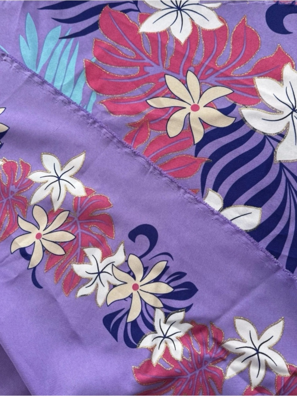 Vintage Floral Fabric Silky Purple Tropical Polyester Fabric Metallic 44"L x 58"